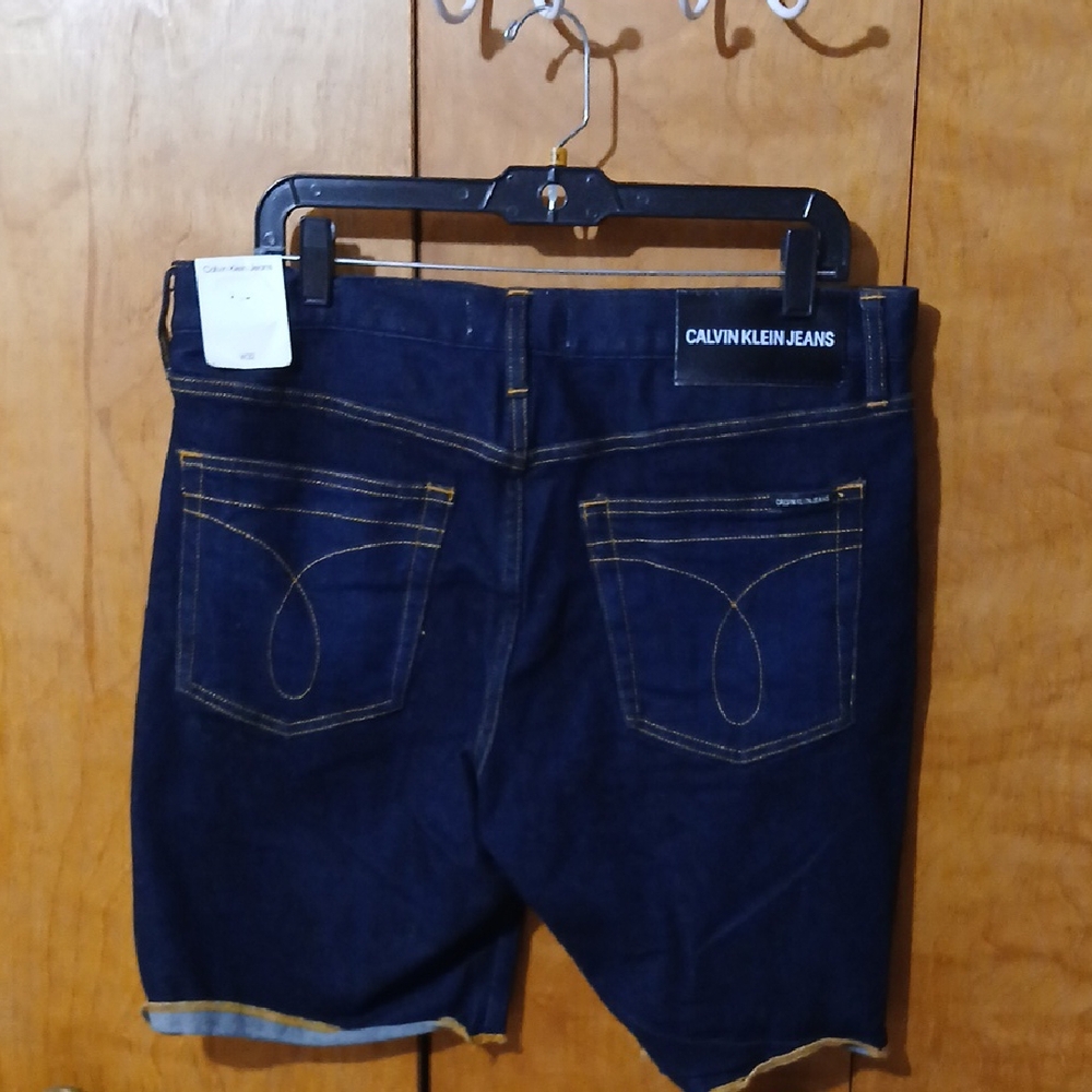 Calvin Klein Navy Denim Shorts with Yellow Stitching